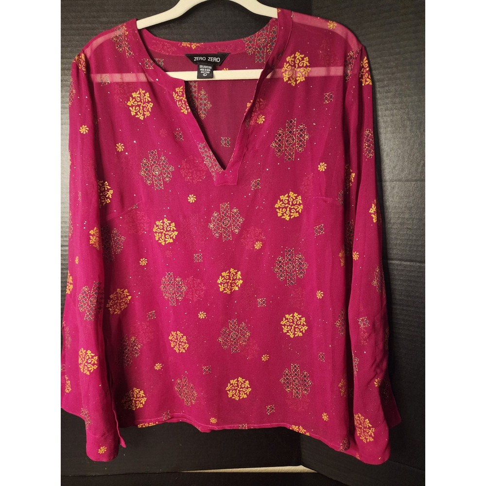 Zero Zero Womens Large Magenta Pink Gold Glitter Medallion Sheer Tunic Blouse